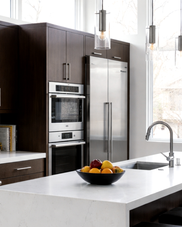Technician performing built-in refrigerator diagnostics with the top service compartment open