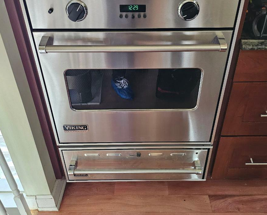 Viking built-in oven with lower storage drawer adjusted and realigned during repair service