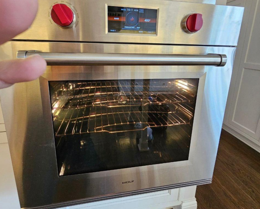 Wolf built-in oven during temperature check and preheat test